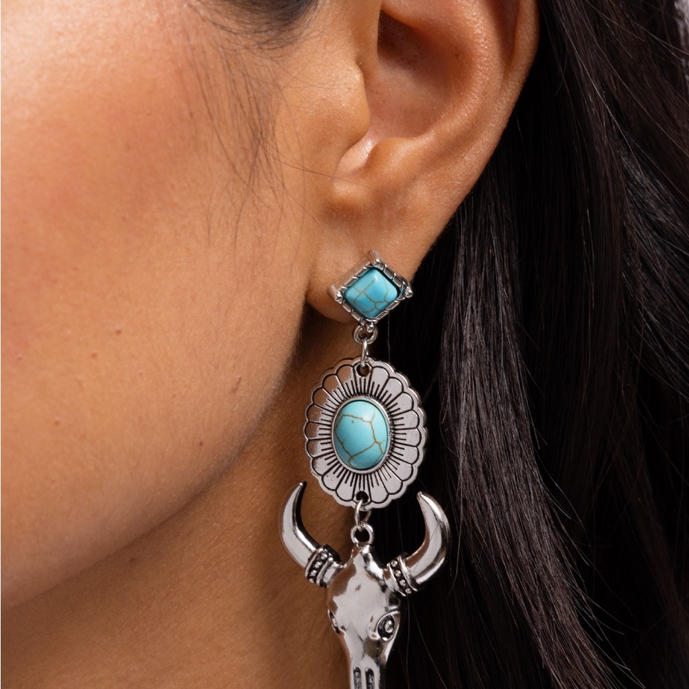 Turquoise and Silver Bull Skull Earrings